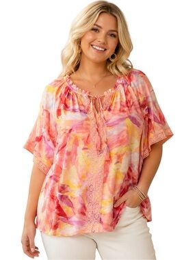 HOPE & HARLOW Floral Boho Peasant Blouse Pink Yellow Lace Trim 2X Plus NWT